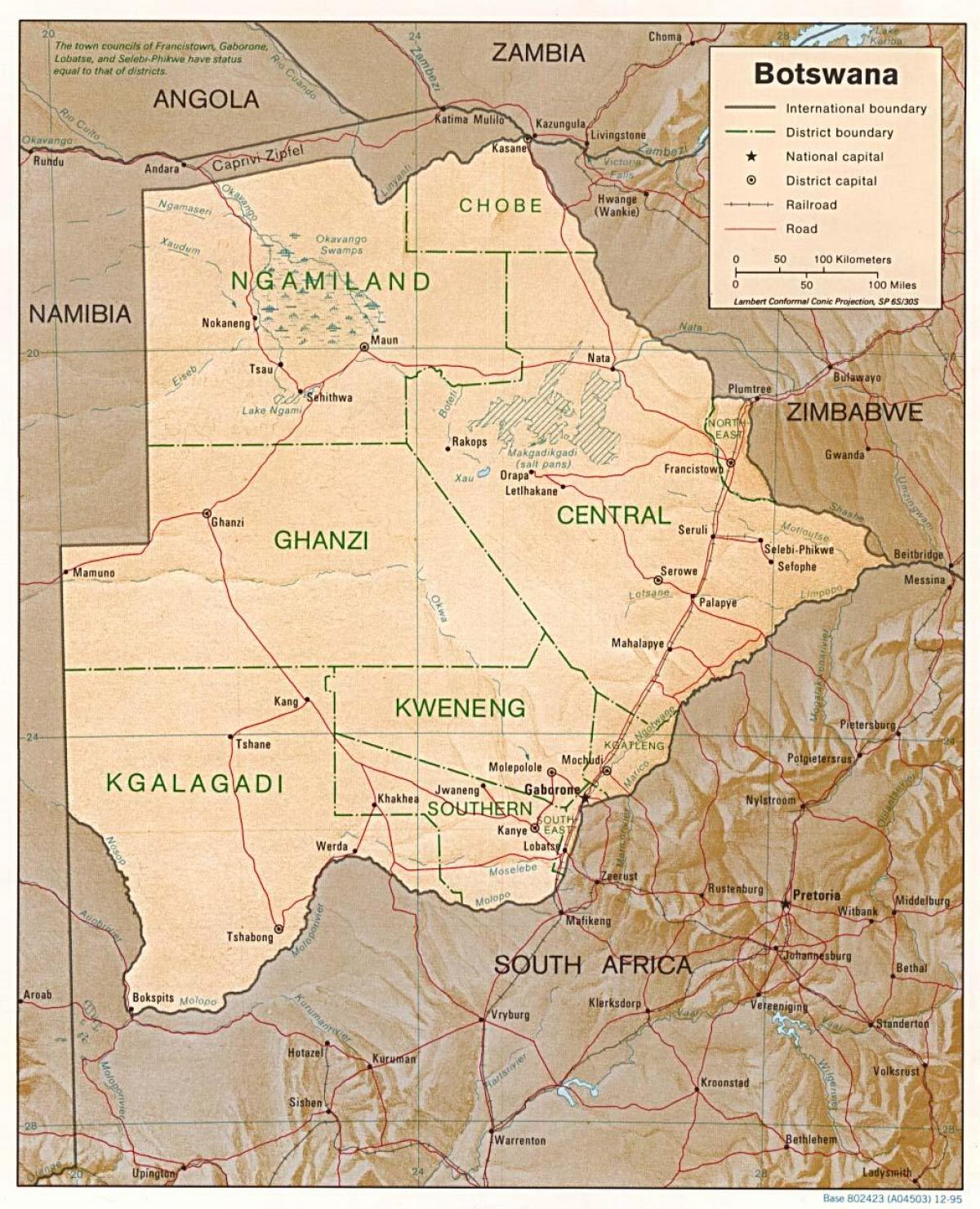 peta dari Botswana menunjukkan kota-kota dan desa-desa